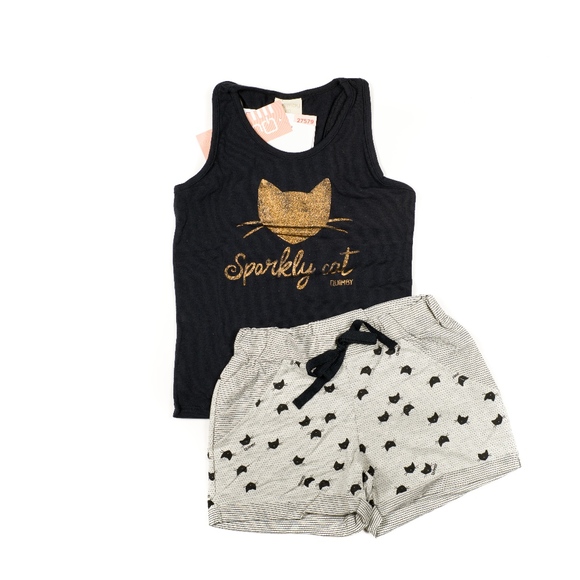 Quimby Other - Girls Sparkly Cat Tank Top & Shorts Set